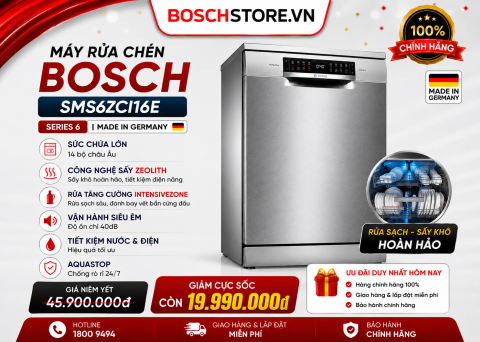 Máy rửa chén độc lập Bosch SMS6ZCI16E - Series 6 - Sấy Zeolith - Made in Germany